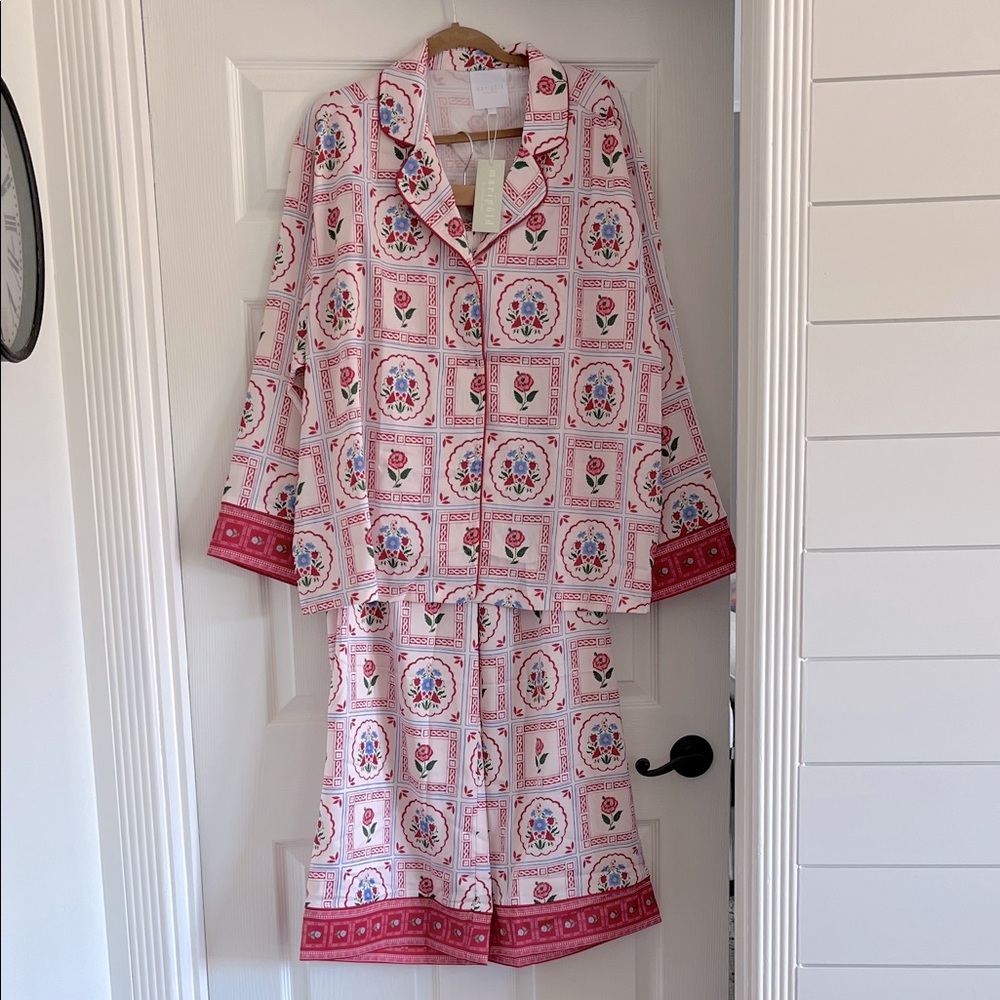 Victoria Dunn White Pajama Set with Pink and Red Floral Print